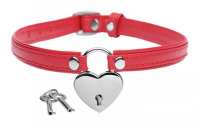 / Heart Lock Leather Choker with Lock and Key - Red