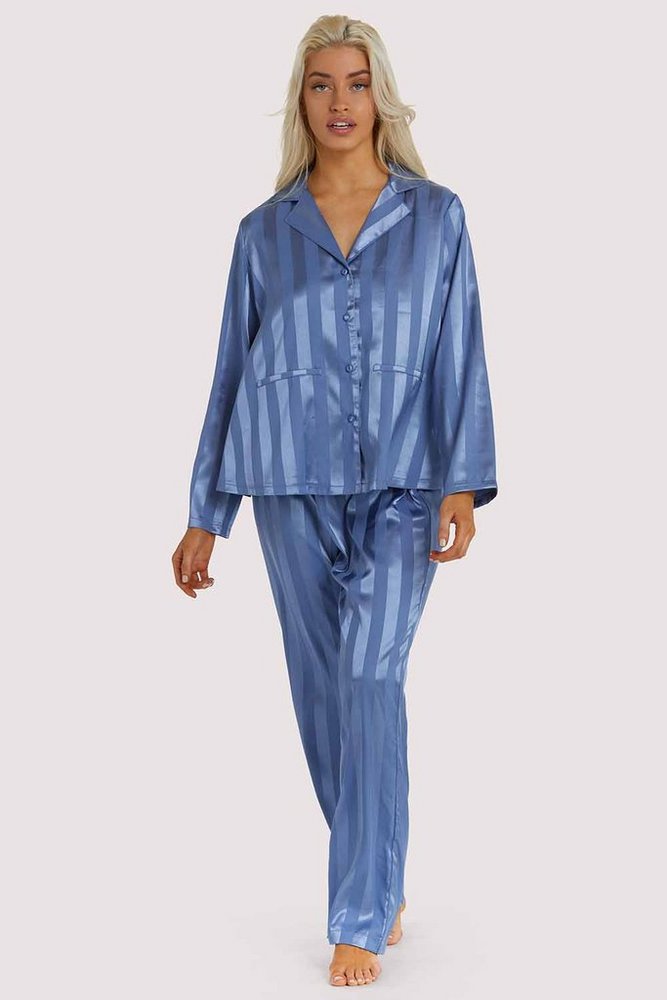  Blue Stripe Satin Pyjama Set 