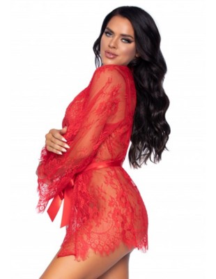 Floral lace teddy & robe red