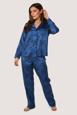 / Blue Satin Snake Print Long Sleeve Pyjama Set