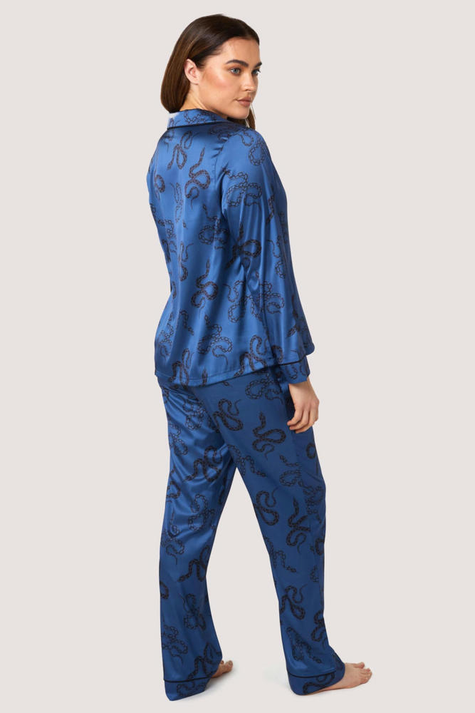 Blue Satin Snake Print Long Sleeve Pyjama Set  