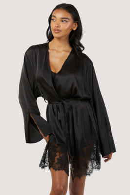 / Rosie Black Satin and Lace Trim Robe