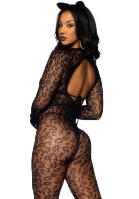 Leopard net gloved catsuit.