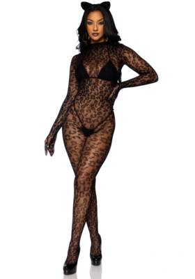 Leopard net gloved catsuit.