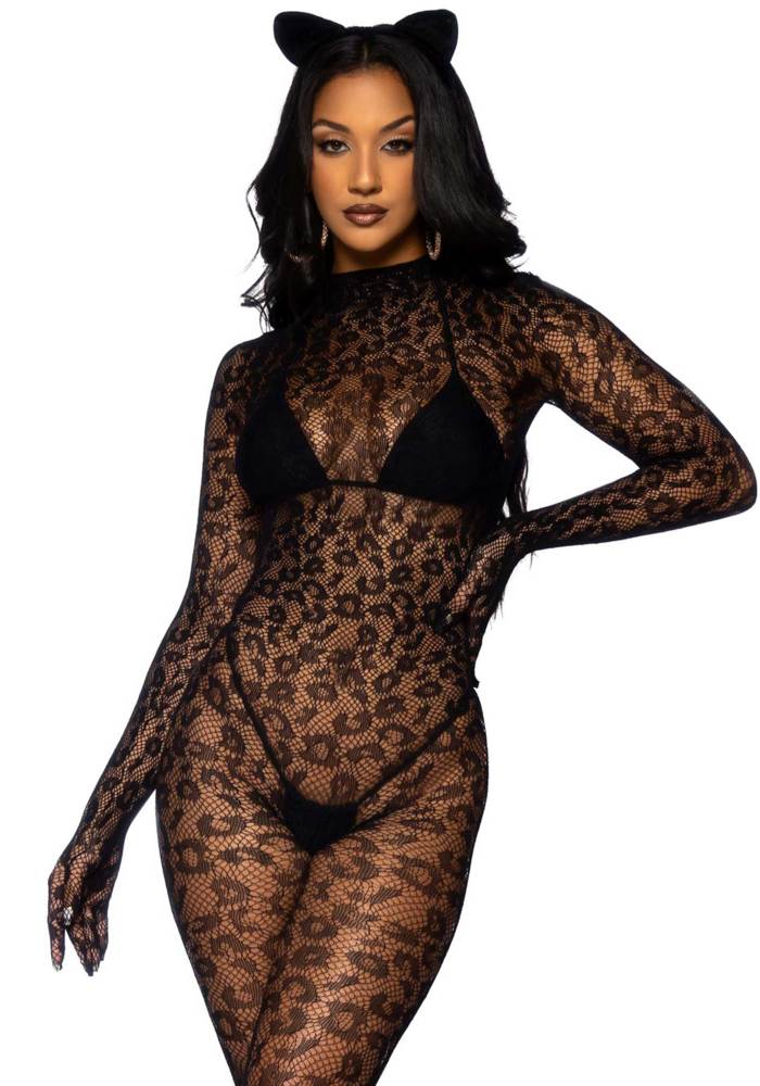  Leopard net gloved catsuit.  