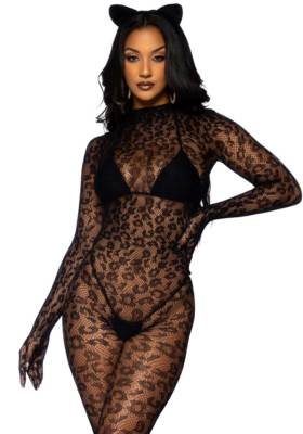   Leopard net gloved catsuit.