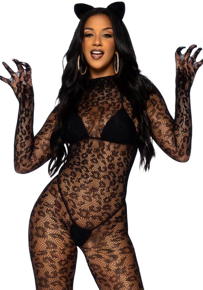  Leopard net gloved catsuit.  