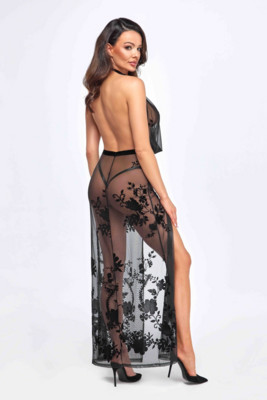 / Divinity long flocked mesh dress with open back
