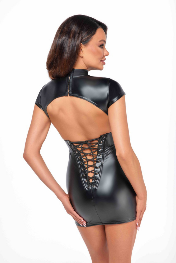 Fantasy wetlook mini dress with lace up back  