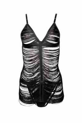 / Kiera Black Fringe Bodysuit Dress with Thong