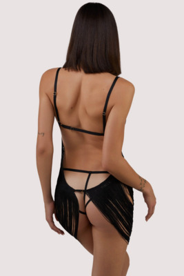 / Kiera Black Fringe Bodysuit Dress with Thong