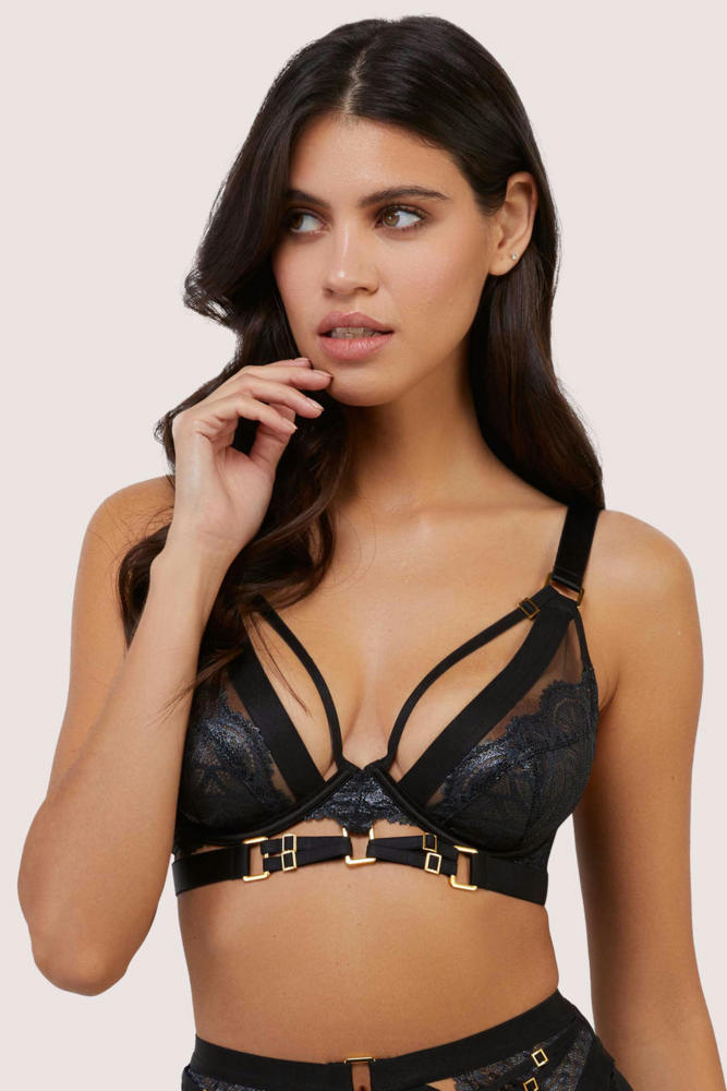 Tabitha' Black Wet-look Lace Plunge Bra  