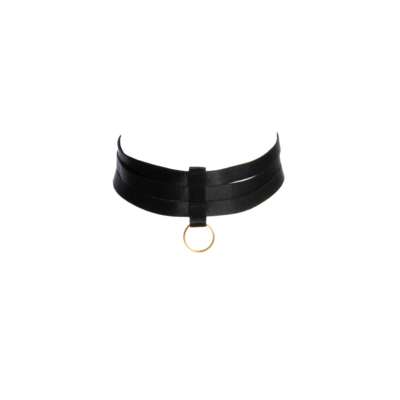 / Black Choker Bondage Accessory with Golden Sliders and Ring