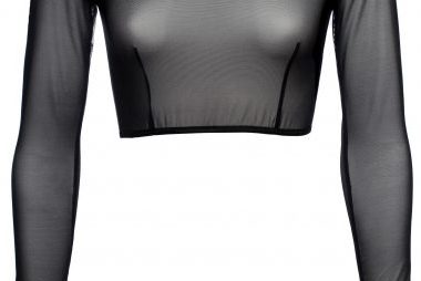 Black Mesh Boat Neck Crop Top With Long Sleeves 