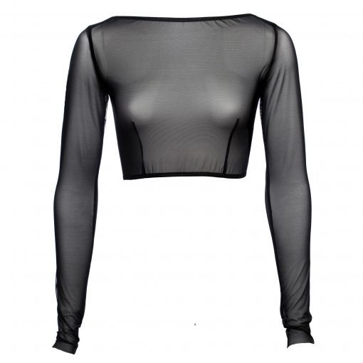Black Mesh Boat Neck Crop Top With Long Sleeves  