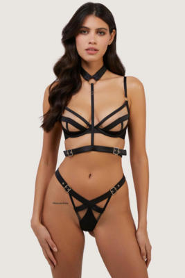 /  'Alessia' Black Satin and Illusion Mesh Buckled Thong 