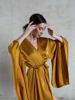   Kimono Sleeves Silk Long Robe gold