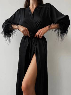 / Long silky robe with feather sleeves