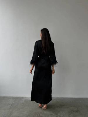 / Long silky robe with feather sleeves
