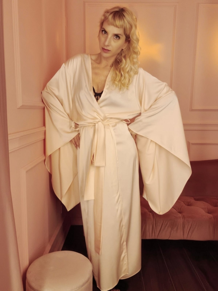 Kimono Sleeves Silk Long Robe blush  