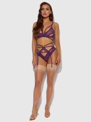 / BIANCA strappy lace bra , garter and hipster set, plum