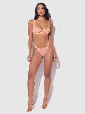 / YVONE shimmer mesh openable cup braand thong set peach