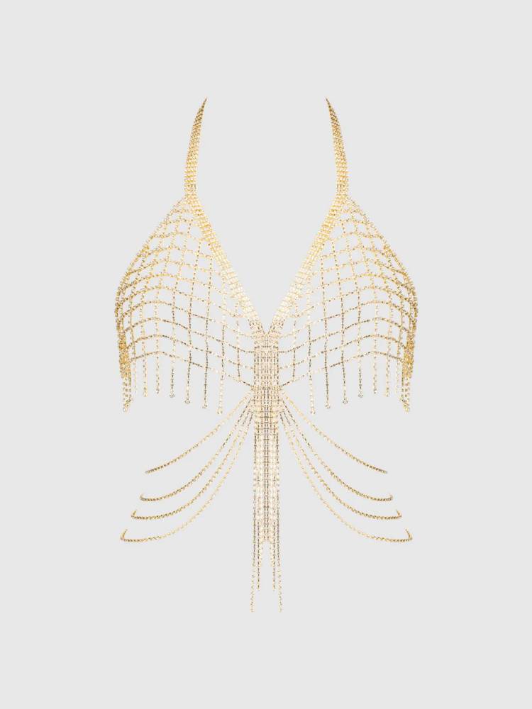Rhinestone net & fringe halter bralette  