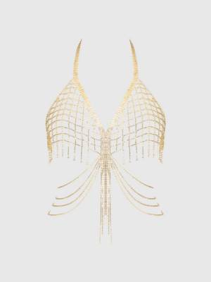 Rhinestone net & fringe halter bralette 