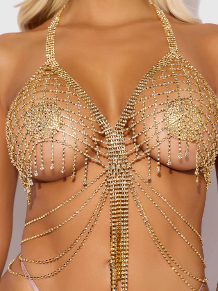 Rhinestone net & fringe halter bralette  