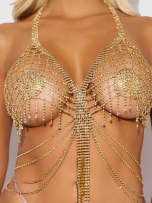   Rhinestone net & fringe halter bralette