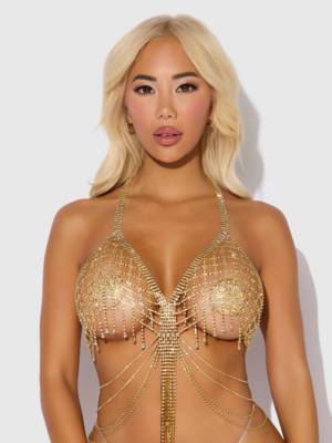 Rhinestone net & fringe halter bralette