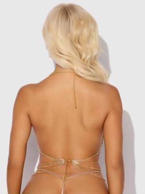 Rhinestone net & fringe halter bralette