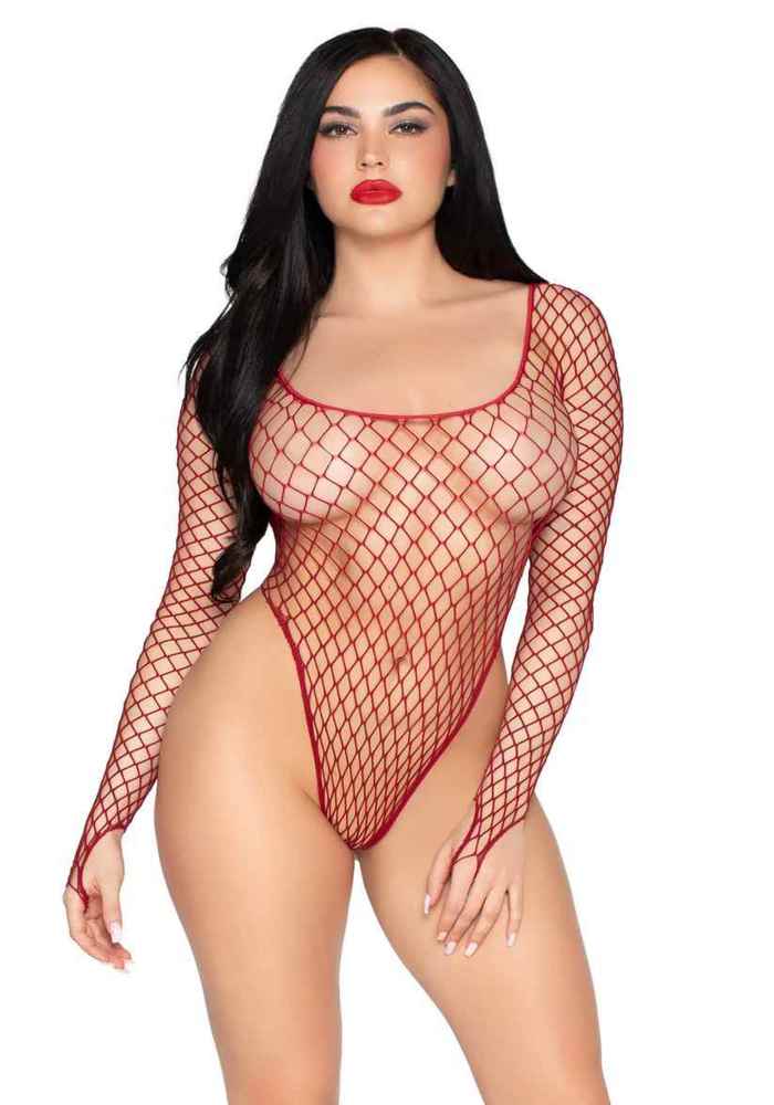 High-Cut Industrial Net Bodysuit burgundy  