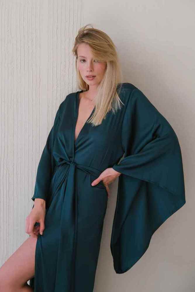 Kimono Sleeves Silk Long Robe dark green  
