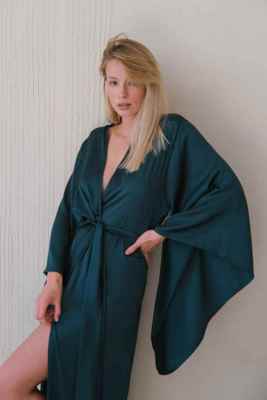 / Kimono Sleeves Silk Long Robe dark green