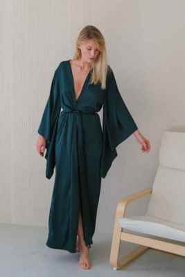 / Kimono Sleeves Silk Long Robe dark green