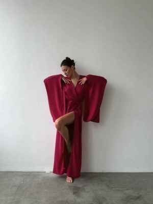   Kimono Sleeves Silk Long Robe burgundy